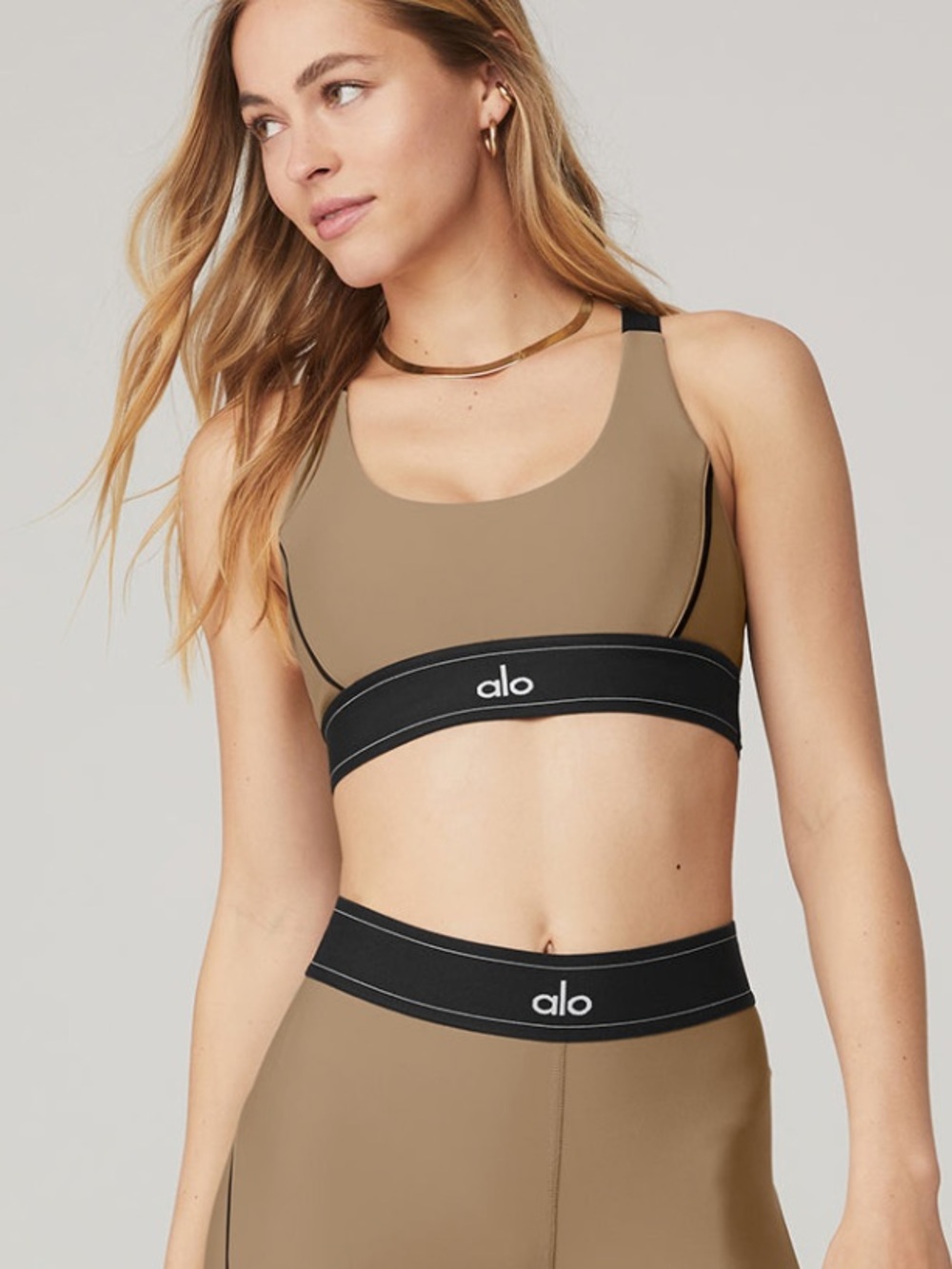 ALO Yoga Tan High-Rise Leggings with Matching Tan Sports Bra